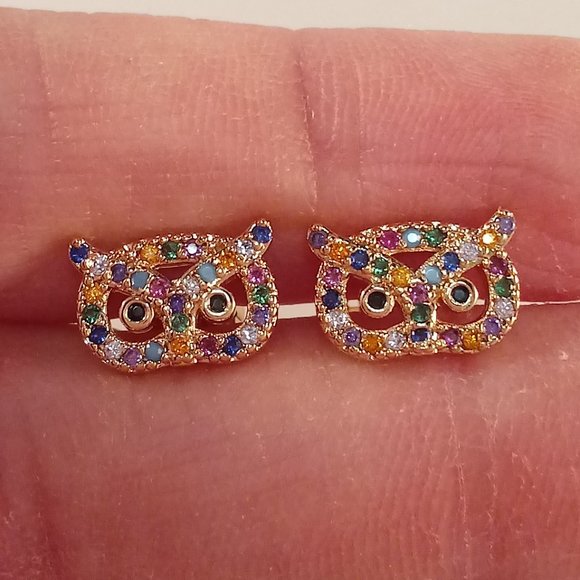 18K Yellow Gold Filled Owl Multi Color Diamond Zircon Stud Earrings Gift - Picture 7 of 8